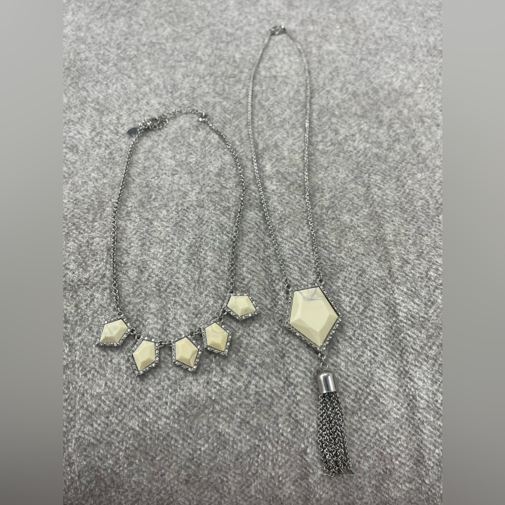 Vintage Pair of Charlie Necklaces Silvertone With Cream Stained Glass